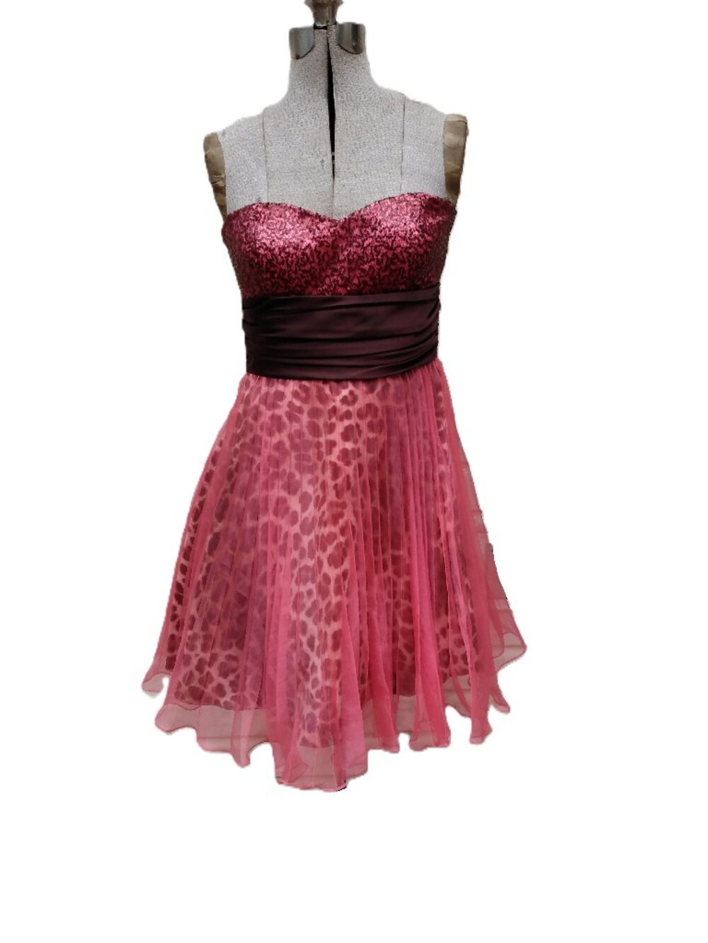 Vintage Mini Strapless Formal Dress Size 7 8 Pink Leopard Sheer Satin Y2K 00s